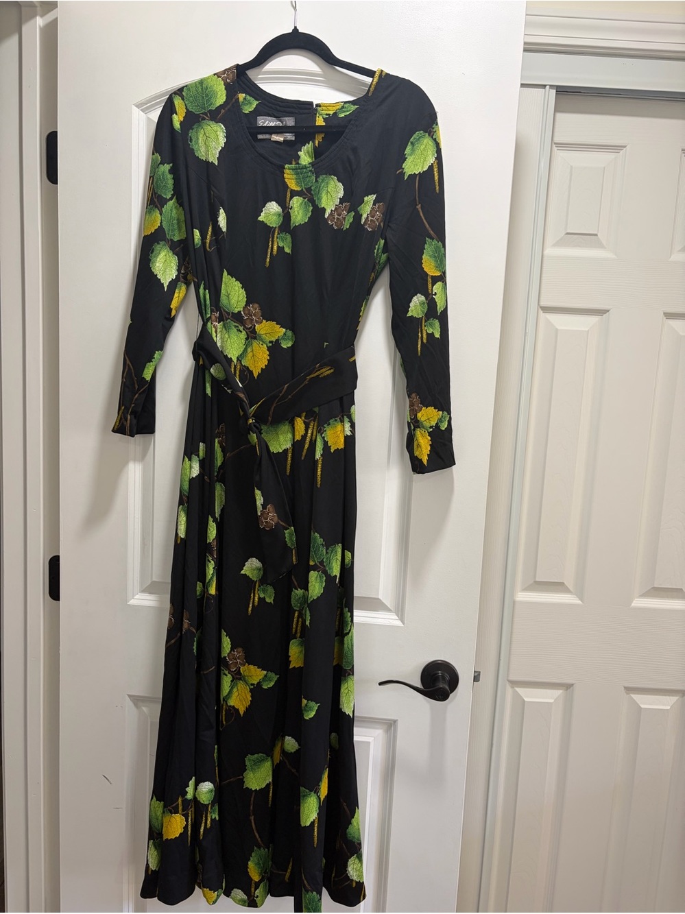 VTG 60s 70s Edith Flagg California Leaf Print Long Sleeve Maxi Dress Labeled
